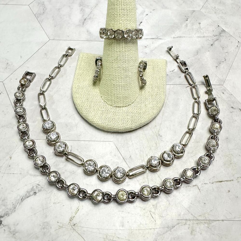 Rhinestone Jewelry Lot Silver Tone Bracelets Infinity Ring Hoop Earrings Bling